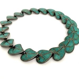 Vintage Native American Turquoise Inlay Sterling Silver Heart Collar Necklace